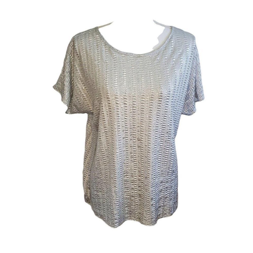 Vintage 80s Silver Foil Textured Party Blouse‎ Metallic Sz M/L Made In USA